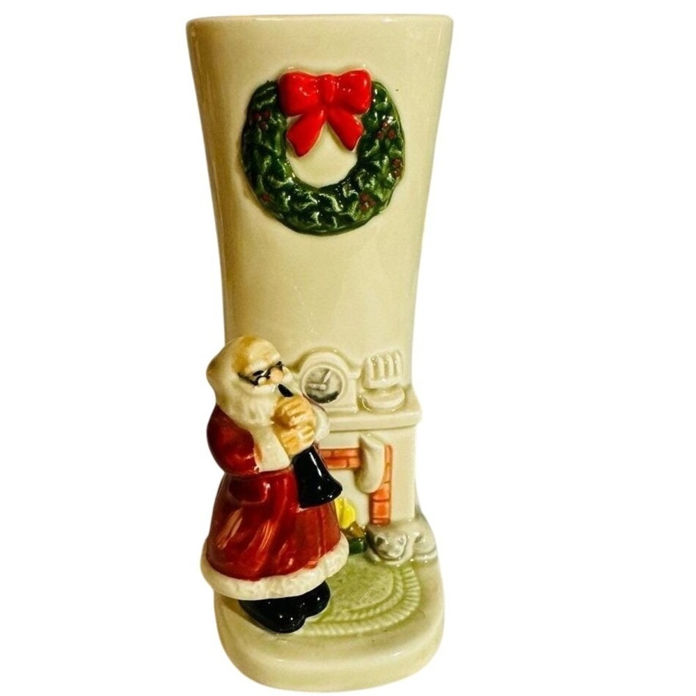 Vintage Santa Fireplace Ceramic Bud Vase Gibson Otagiri Japan Christmas CUTE 70s